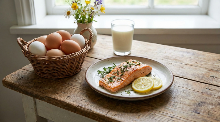Eine frische, ansprechende Auswahl an B12-reichen Lebensmitteln auf einem rustikalen Holztisch: Ein Stück Lachs, frische Eier und ein Glas Milch im weichen Tageslicht. Realistische Fotografie ohne Text.
