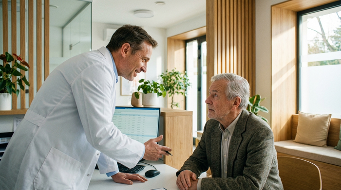 Ein freundlicher Arzt im weißen Kittel bespricht in einer hellen, modernen Praxis Untersuchungsergebnisse mit einem aufmerksamen älteren Patienten. Vertrauensvolle Atmosphäre, natürliches Licht, keine lesbaren Dokumente.
