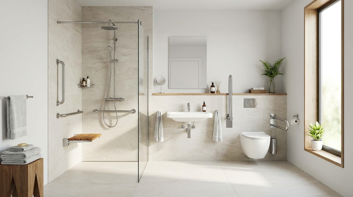 Ein modern und sicher eingerichtetes, helles Badezimmer mit einer barrierefreien, ebenerdigen Dusche und stabilen Haltegriffen an der Wand. Sauber, realistisch und einladend.