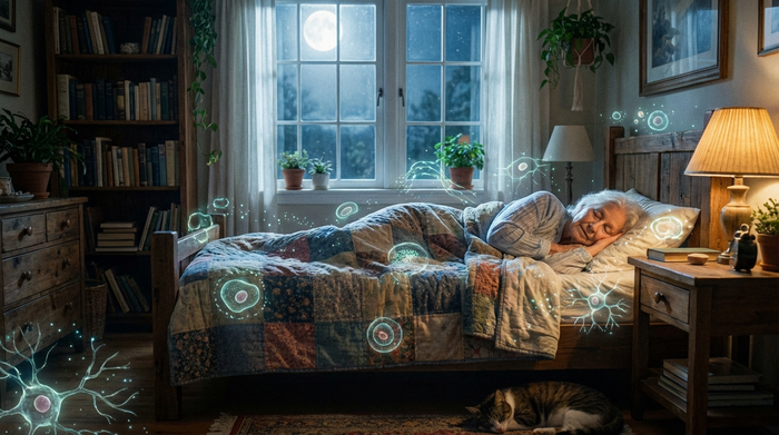Eine friedlich schlafende ältere Frau in einem gemütlichen, mondbeschienenen Schlafzimmer. Die ruhige Atmosphäre symbolisiert die nächtliche Aktivität und Regeneration des Körpers.