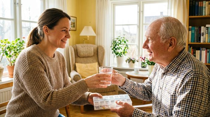 Eine freundliche Pflegekraft reicht einem lächelnden Senior ein Glas Wasser und eine übersichtliche Medikamentenbox in einem sonnendurchfluteten, freundlichen Wohnzimmer.