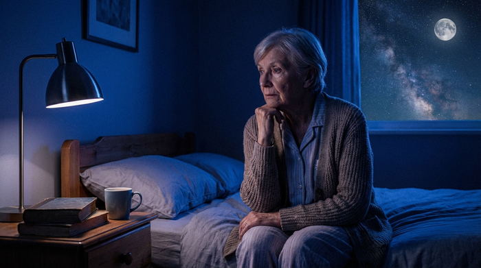 Eine nachdenkliche ältere Dame sitzt nachts im Bett, stützt den Kopf auf die Hand und schaut aus dem Fenster in den Sternenhimmel. Das Zimmer ist dunkelblau beleuchtet, was eine schlaflose, aber ruhige Atmosphäre schafft.