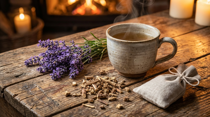 Nahaufnahme einer rustikalen Holztischplatte mit einer dampfenden Tasse Kräutertee. Daneben liegen frische Lavendelblüten, getrocknete Baldrianwurzeln und ein kleines Leinensäckchen. Warme, beruhigende Beleuchtung.