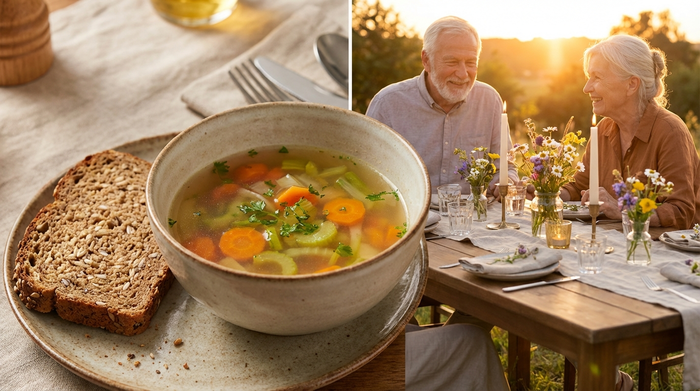 Ein gesundes, leichtes Abendessen auf einem schön gedeckten Esstisch. Eine Schüssel mit klarer Gemüsesuppe, dazu eine Scheibe Vollkornbrot. Im Hintergrund sitzt ein lächelndes älteres Ehepaar im warmen Abendlicht.