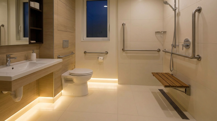 Ein helles, modernes und barrierefreies Badezimmer mit einer bodengleichen Dusche und stabilen Haltegriffen an den Wänden. Ein sanftes Nachtlicht beleuchtet den Raum sicher und einladend.