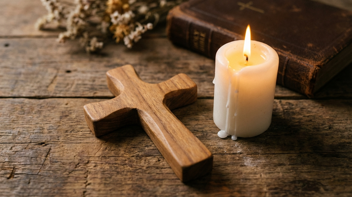 Ein hölzernes Kreuz liegt sanft auf einem rustikalen Holztisch, daneben eine brennende weiße Kerze, die warmes Licht verströmt. Friedliche und spirituelle Stimmung, Nahaufnahme, realistische Fotografie.