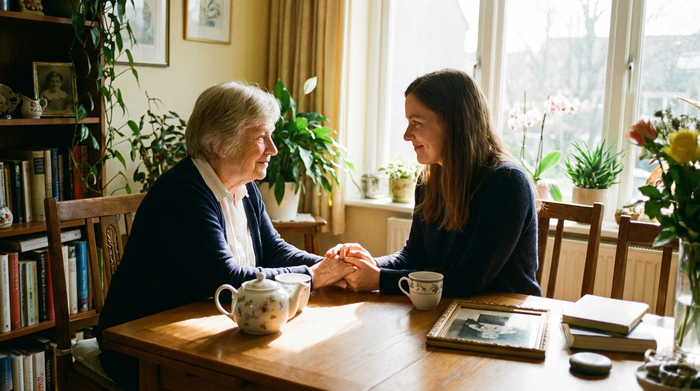Eine vertrauensvolle Szene: Eine ältere Dame und ihre erwachsene Tochter sitzen gemeinsam am Esstisch und halten sich an den Händen. Helle, freundliche Umgebung, emotionale Verbundenheit, realistische Fotografie.