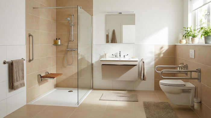 Ein freundliches, barrierefreies Badezimmer mit einer modernen, bodengleichen Dusche und hellen Fliesen. Sauber, sicher und komfortabel eingerichtet, realistische Innenarchitektur-Fotografie.