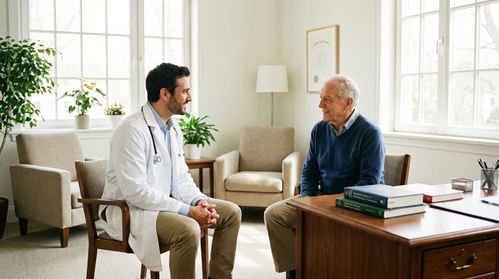 Ein einfühlsamer Arzt im weißen Kittel sitzt im Gesprächsraum einer hellen Praxis einem älteren Patienten gegenüber. Beide lächeln leicht, entspannte und professionelle Atmosphäre, realistische Fotografie.