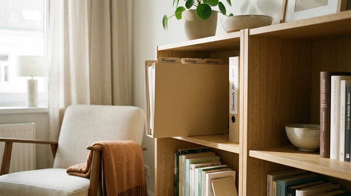 Ein ordentlich sortierter Aktenordner steht in einem Regal aus hellem Holz im Wohnzimmer, beleuchtet von weichem Tageslicht. Aufgeräumte, sichere und ruhige Umgebung, realistische Fotografie.