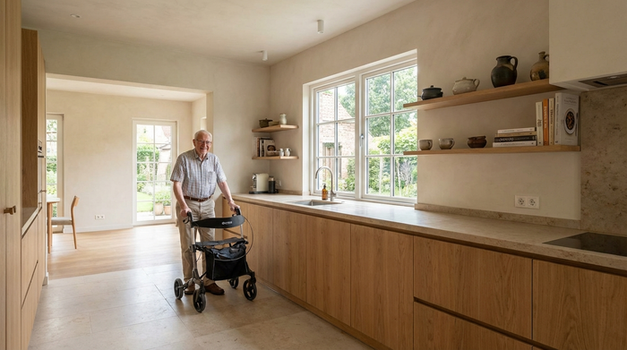 Eine großzügige, einzeilige Küche in sanften Erdtönen mit sehr breiten Durchgängen. Ein älterer Herr mit einem Rollator steht bequem vor der Küchenzeile. Aufgeräumte Atmosphäre, viel Platz zum Wenden.