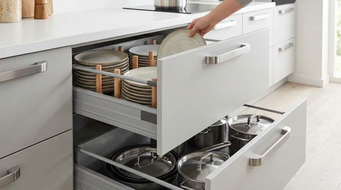 Geöffnete, tief liegende Küchenschubladen mit Vollauszug, ordentlich gefüllt mit Tellern und Töpfen. Ein ergonomischer, breiter Bügelgriff an der hellgrauen Front. Eine Hand greift mühelos von oben nach einem Teller.