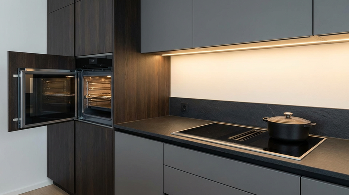 Ein modern gestalteter, auf Brusthöhe eingebauter Backofen mit einer seitlich geöffneten Drehtür. Daneben ein flaches Induktionskochfeld auf einer dunklen Arbeitsplatte. Warme, blendfreie Unterbaubeleuchtung erhellt die Szene.