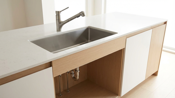 Ein flaches Edelstahl-Spülbecken in einer hellen Küchenzeile. Ein eleganter Einhebelmischer mit langem Griff und herausziehbarer Schlauchbrause. Unter der Spüle ist viel Freiraum für die Beine erkennbar.