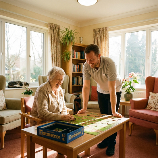 Ältere Dame und ein Pfleger spielen fröhlich ein Brettspiel in einem hellen, gemütlichen Aufenthaltsraum. Realistische, herzliche Szene mit warmem Licht.