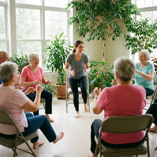 Senioren machen leichte Sitzgymnastik im Stuhlkreis, angeleitet von einer freundlichen Therapeutin. Helles Tageslicht, grüne Pflanzen im Hintergrund.
