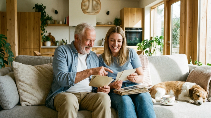 Ein lächelnder Senior sitzt mit seiner Tochter auf dem Sofa und betrachtet entspannt einige Unterlagen. Harmonische, stressfreie Stimmung im modernen Wohnzimmer.