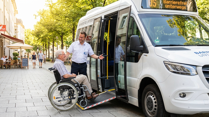 Ein moderner, weißer Kleinbus mit geöffneter Rampe. Ein freundlicher Fahrer hilft einem Senior im Rollstuhl sicher in das Fahrzeug. Sonniges Wetter, saubere Straße.