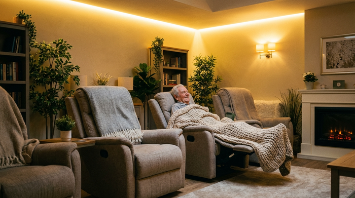 Gemütlicher Ruheraum in einer Pflegeeinrichtung mit bequemen Liegesesseln, weichen Decken und warmem, indirektem Licht. Ein Senior ruht sich entspannt aus.
