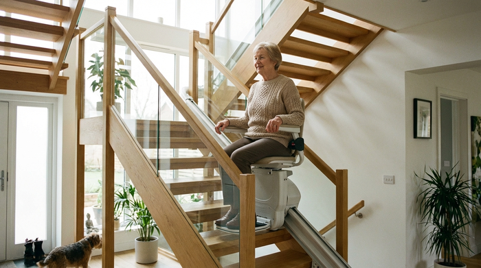 Ein moderner Treppenlift in einem gepflegten, hellen Einfamilienhaus. Eine ältere Dame fährt sicher und entspannt die Treppe hinauf, die Hände ruhen auf den Armlehnen.