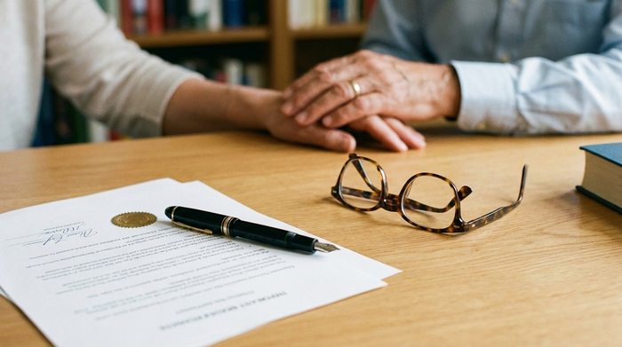 Ein ordentlicher Schreibtisch aus hellem Holz mit wichtigen Dokumenten, einem eleganten Füllfederhalter und einer Lesebrille. Im Hintergrund liegt unscharf eine ältere Hand beruhigend auf der Hand einer jüngeren Person. Seriöse und vertrauensvolle Atmosphäre.