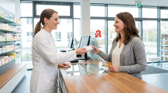 Eine freundliche Apothekerin in einem weißen Kittel überreicht einer lächelnden Kundin an einem hellen, modernen Apotheken-Tresen ein verpacktes Medikament. Die Kundin hält eine Gesundheitskarte in der Hand. Klare, professionelle Umgebung.