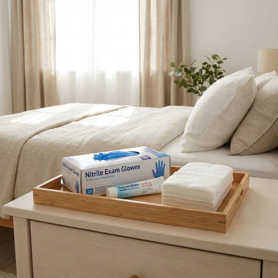 Ein sauberes, aufgeräumtes Tablett auf einem hellen Nachttisch mit medizinischen Utensilien: Einmalhandschuhe aus Nitril, eine kleine Tube und weiche weiße Zellstofftücher. Helles, sauberes und wohnliches Licht im Hintergrund.