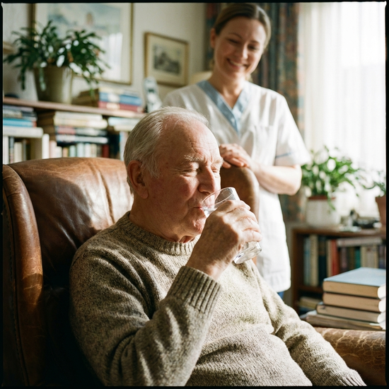 Ein älterer Mensch trinkt entspannt aus einem klaren Glas Wasser in einem gemütlichen Sessel. Eine freundliche Pflegekraft steht lächelnd im Hintergrund. Fokus auf das zufriedene Gesicht des Senioren.