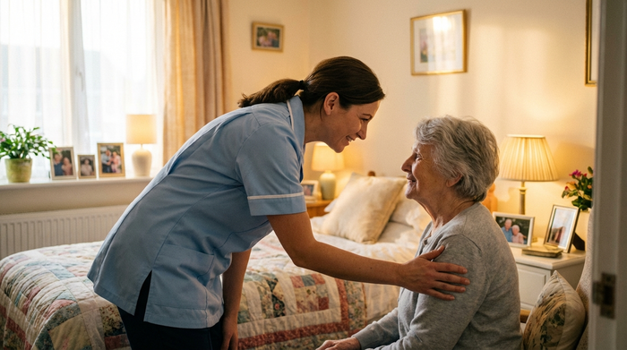 Eine Pflegekraft beugt sich sanft zu einer älteren Dame mit grauem Haar hinab und spricht beruhigend mit ihr auf Augenhöhe. Weiches, warmes Licht, harmonische und sichere Umgebung im Pflegezimmer.
