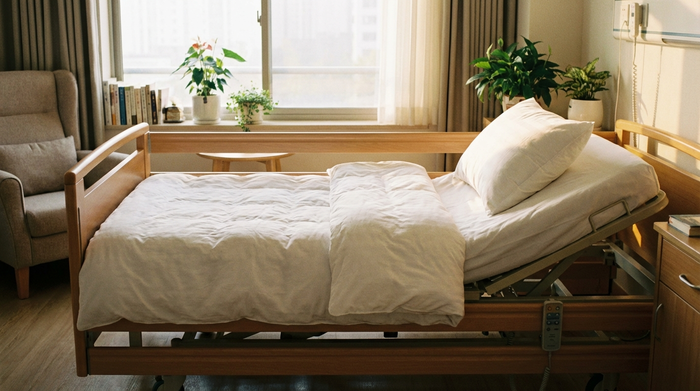Ein ordentlich gemachtes Pflegebett mit einer weichen, weißen Bettdecke und einem stützenden Kissen. Die Bettwäsche sieht frisch und einladend aus, sanftes Morgenlicht fällt in den ruhigen Raum.