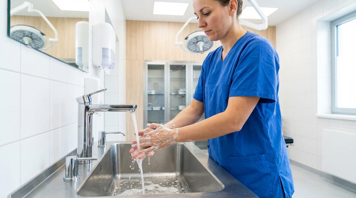 Eine Person in blauer Pflegekleidung wäscht sich an einem sauberen, modernen Waschbecken sehr gründlich die Hände mit Seife. Klares Wasser fließt, heller und hygienisch einwandfreier Raum.