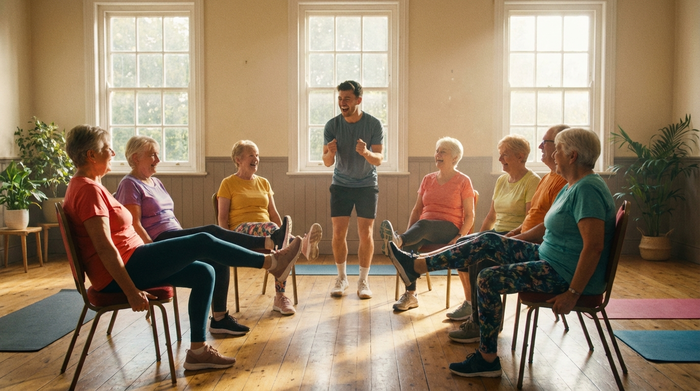 Eine fröhliche Seniorengruppe sitzt im Kreis auf Stühlen in einem lichtdurchfluteten Gymnastikraum, alle heben synchron ein Bein an. Ein junger, motivierender Trainer steht in der Mitte.