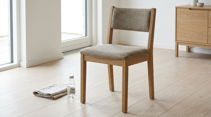 Ein stabiler, gepolsterter Holzstuhl ohne Armlehnen steht sicher auf einem hellen Holzboden in einem aufgeräumten Zimmer. Daneben liegt ein ordentlich gefaltetes Handtuch und eine kleine Wasserflasche.