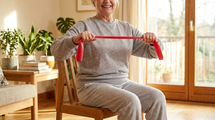 Eine lächelnde ältere Dame im bequemen Sportoutfit sitzt auf einem Stuhl und zieht ein rotes Theraband mit beiden Händen sanft auf Brusthöhe auseinander. Im Hintergrund ein freundliches, helles Wohnzimmer.