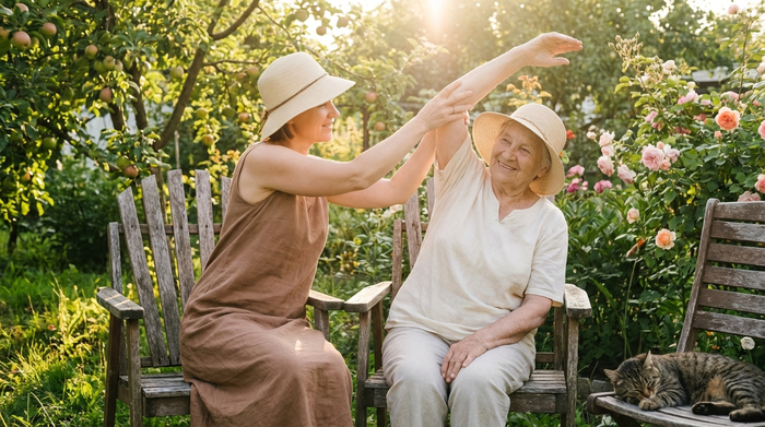 Eine liebevolle Tochter sitzt neben ihrer älteren Mutter auf Stühlen im Garten, beide machen gemeinsam leichte Dehnübungen an der frischen Luft. Sonniges, warmes Wetter umgibt sie.