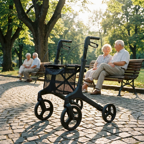 Ein moderner, leichter Carbon-Rollator steht sicher auf einem gepflasterten Weg in einem sonnigen Park. Im Hintergrund sitzen Senioren entspannt auf einer Bank. Fotorealistisch, klare Farben, ohne Text.