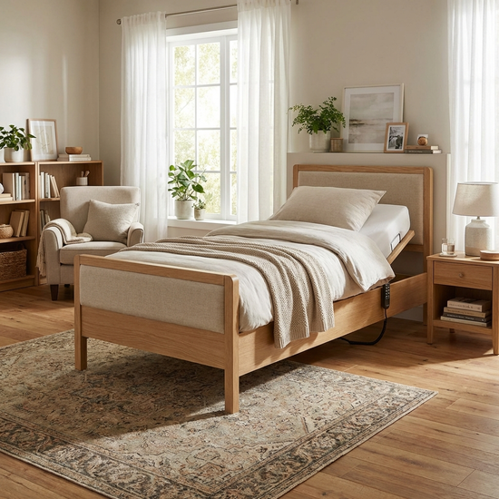 Ein komfortables, elektrisch verstellbares Pflegebett in einem gemütlich eingerichteten Schlafzimmer mit warmem Holzfußboden und hellen Gardinen. Realistische, wohnliche Atmosphäre, aufgeräumt.