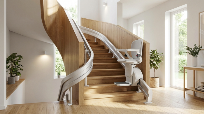 Ein moderner elektrischer Treppenlift an einer geschwungenen Holztreppe in einem gepflegten, hellen Einfamilienhaus. Helle Beleuchtung, saubere Umgebung, fotorealistisch.