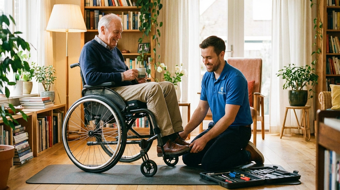 Ein Orthopädietechniker kniet neben einem älteren Herrn und passt geduldig die Fußstützen eines modernen Rollstuhls an. Helles, gemütliches Wohnzimmer, freundliche Stimmung, professionelle Pflege.