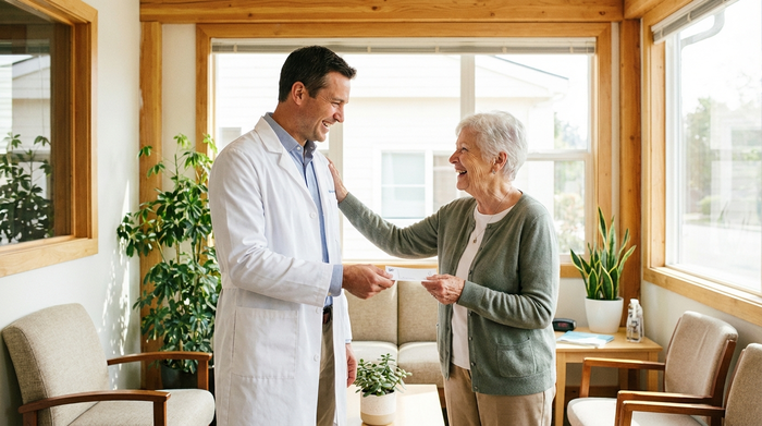 Ein Arzt in weißem Kittel überreicht einer lächelnden Seniorin ein Rezept in einer hellen, freundlichen Arztpraxis. Vertrauensvolle Atmosphäre, professionelle Fotografie.