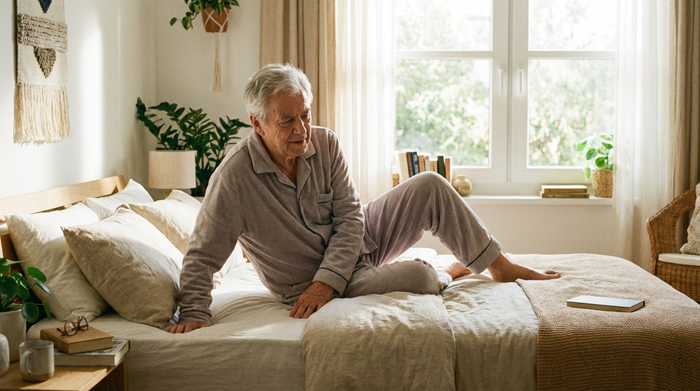 Ein älterer Mann liegt auf der Seite in einem komfortablen Bett, die Knie leicht angewinkelt. Er stützt sich sanft mit einer Hand auf der Matratze ab, um sich aufzurichten. Helles, freundliches Schlafzimmer, realistische Szene.
