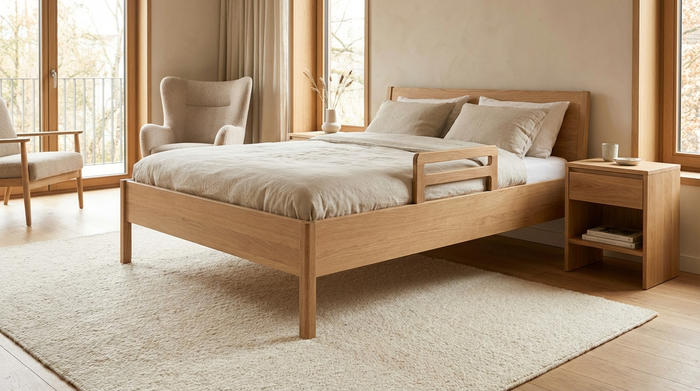 Ein modernes, wohnliches Pflegebett aus hellem Holz in einem stilvollen Schlafzimmer. An der Seite befindet sich ein unauffälliger, stabiler Haltegriff. Ein weicher Teppich liegt vor dem Bett.