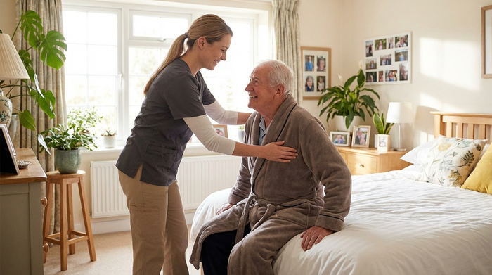 Eine freundliche, jüngere Frau hilft einem älteren Herrn sanft beim Sitzen an der Bettkante. Beide lächeln. Die Frau hat eine ergonomische, gerade Körperhaltung. Helles Zimmer, vertrauensvolle Atmosphäre.