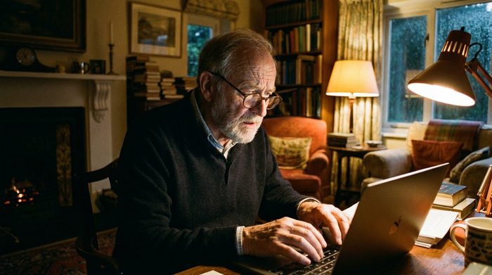 Ein älterer Herr sitzt abends bei gedimmtem Licht am Laptop und tippt konzentriert. Gemütliches Arbeitszimmer, realistische Szene, Fokus auf das Gesicht.