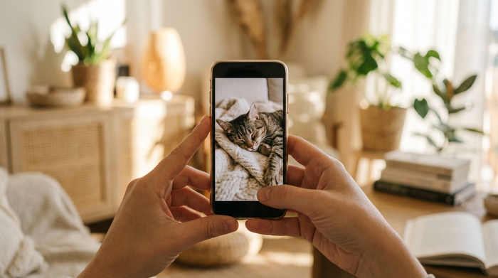 Zwei Hände halten ein Smartphone im Hochformat. Unscharfer Hintergrund eines gemütlichen Wohnzimmers, helle und freundliche Farben, entspannte Atmosphäre.