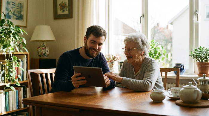Ein junger Mann erklärt einer älteren Dame freundlich die Bedienung eines Tablets. Gemeinsames Sitzen am Esstisch, sonniges Zimmer, warme Generationenverbindung.
