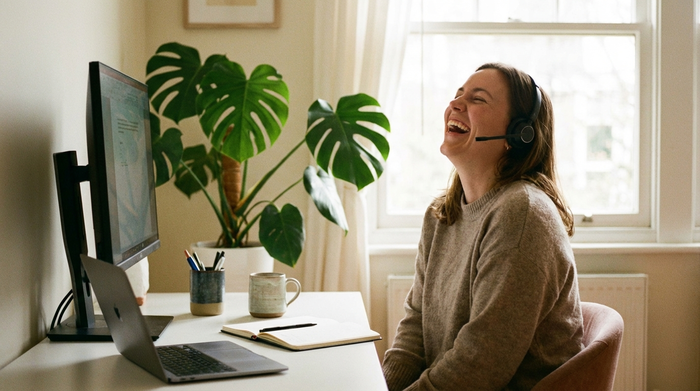 Eine Frau mit Headset lacht herzlich vor einem Computermonitor. Aufgeräumter Schreibtisch, grüne Pflanze im Hintergrund, authentische und positive Stimmung.