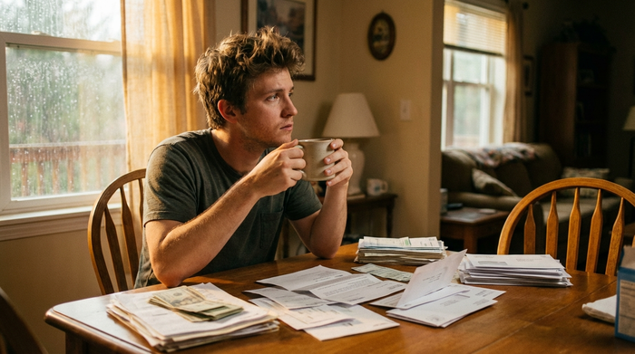 Ein besorgter junger Mann sitzt an einem heimischen Esstisch, umgeben von ordentlich gestapelten Rechnungen und Briefumschlägen. Er hält eine Kaffeetasse und schaut nachdenklich aus dem Fenster. Warmes, gedämpftes Licht.