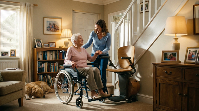 Eine fürsorgliche Tochter hilft ihrer älteren Mutter im Rollstuhl beim Einsteigen in einen modernen Treppenlift in einem gemütlichen Einfamilienhaus. Die Szene strahlt Geborgenheit und familiären Zusammenhalt aus.