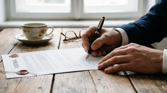 Nahaufnahme von zwei Händen, die einen eleganten Füllfederhalter halten und ein offizielles Dokument auf einem Holztisch unterschreiben. Im Hintergrund unscharf eine Kaffeetasse und eine Brille.